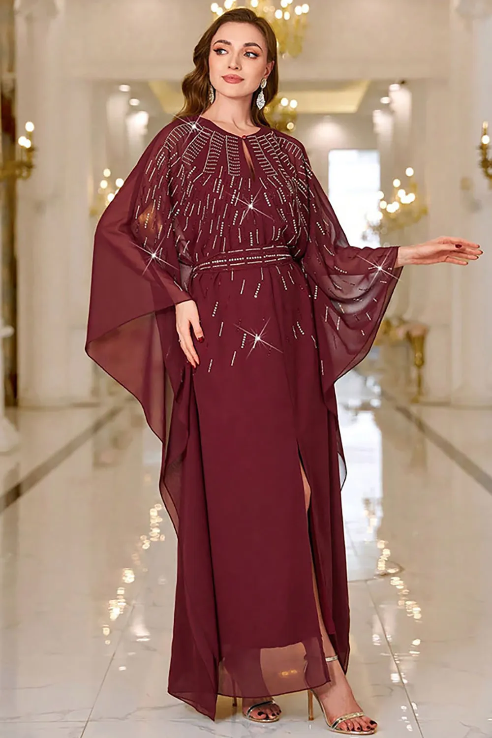 Sparkly Burgundy Chiffon Maxi Dress with Flared Sleeves