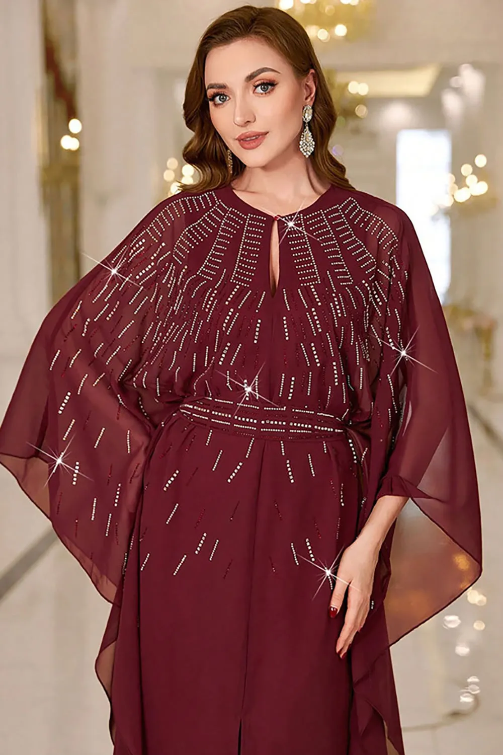 Sparkly Burgundy Chiffon Maxi Dress with Flared Sleeves