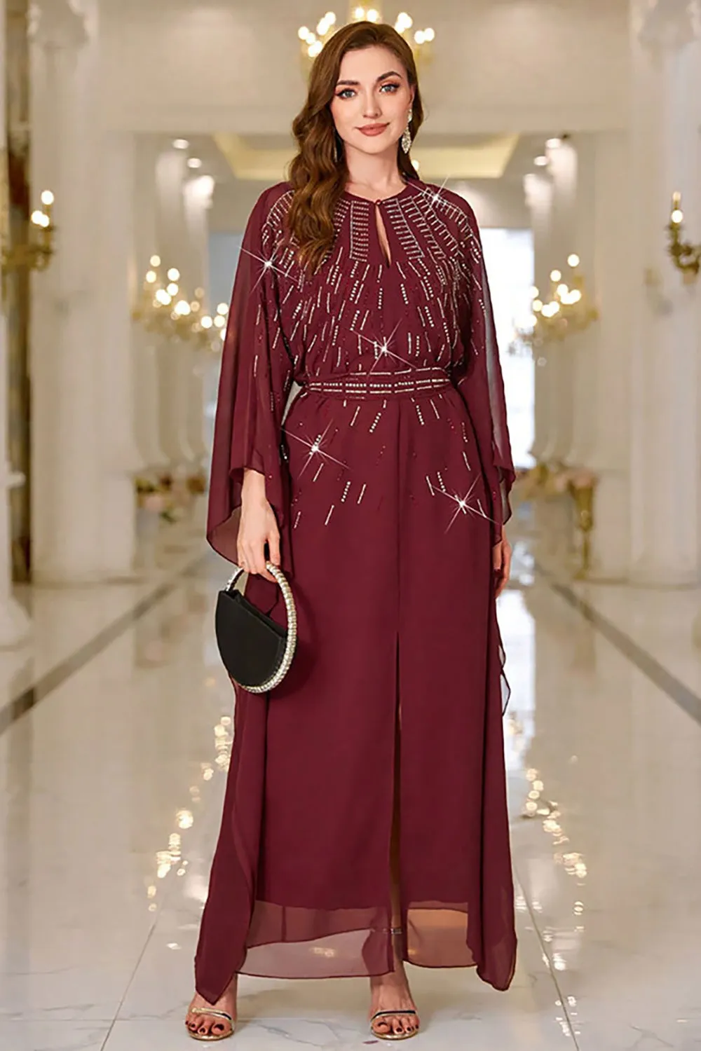 Sparkly Burgundy Chiffon Maxi Dress with Flared Sleeves