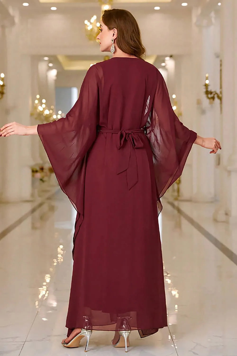 Sparkly Burgundy Chiffon Maxi Dress with Flared Sleeves