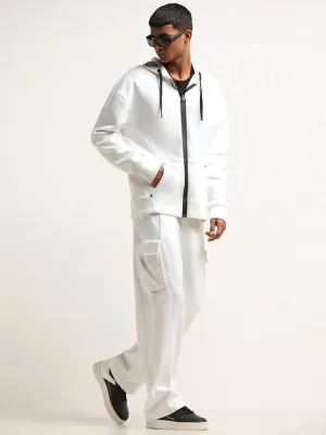 Studiofit White Mid Rise Cotton Blend Straight Fit Cargo Pants