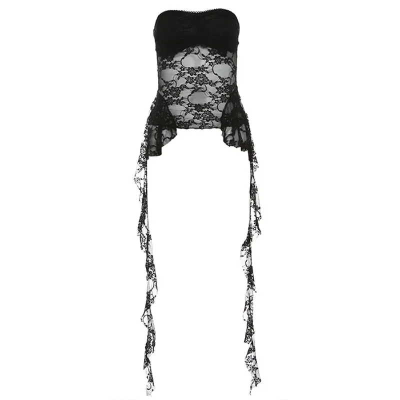 Summer Harajuku Y2k Aesthetic Black Tanks Korean Sexy Lace Cropped Vest Tops Women Streetwear Backless Grunge Camisoles