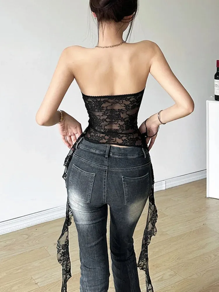 Summer Harajuku Y2k Aesthetic Black Tanks Korean Sexy Lace Cropped Vest Tops Women Streetwear Backless Grunge Camisoles