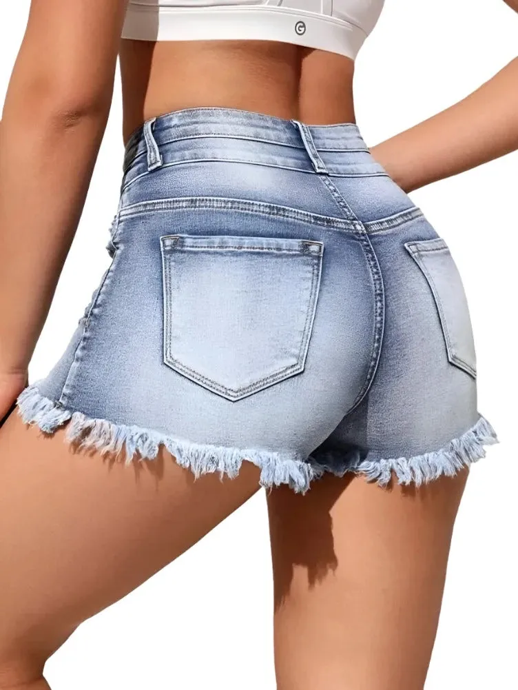 Summer New Fashion Ripped Skinny Denim Shorts for Women Stretch Jeans Casual