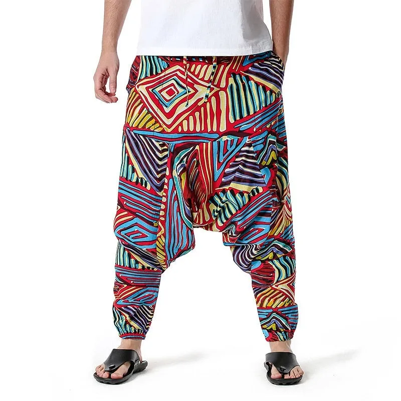 Traditional Nation Print Cotton Linen Joggers for Men yoga Harem Trousers for Men