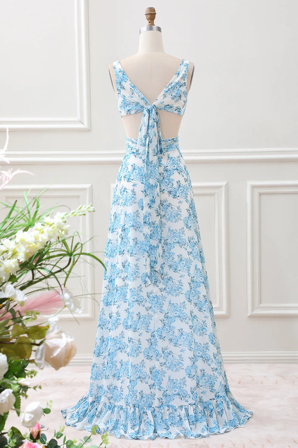 White Blue Flower A Line Ruffled High-Low Maxi Dress