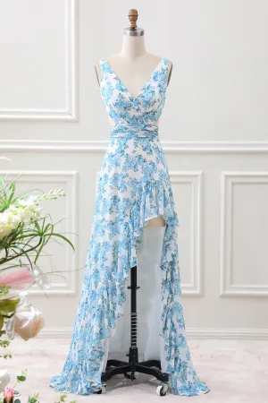 White Blue Flower A Line Ruffled High-Low Maxi Dress