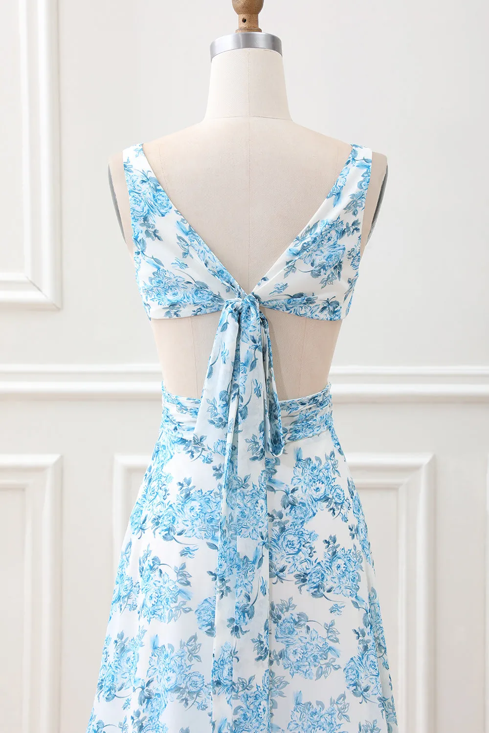 White Blue Flower A Line Ruffled High-Low Maxi Dress