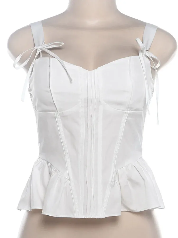 White Casual Ruffle Hem Lace Up Strap Sling Vest Sexy Off Shoulder V-neck Backless Ekegant Sling Tops Ladies Fashion Sumemr Top