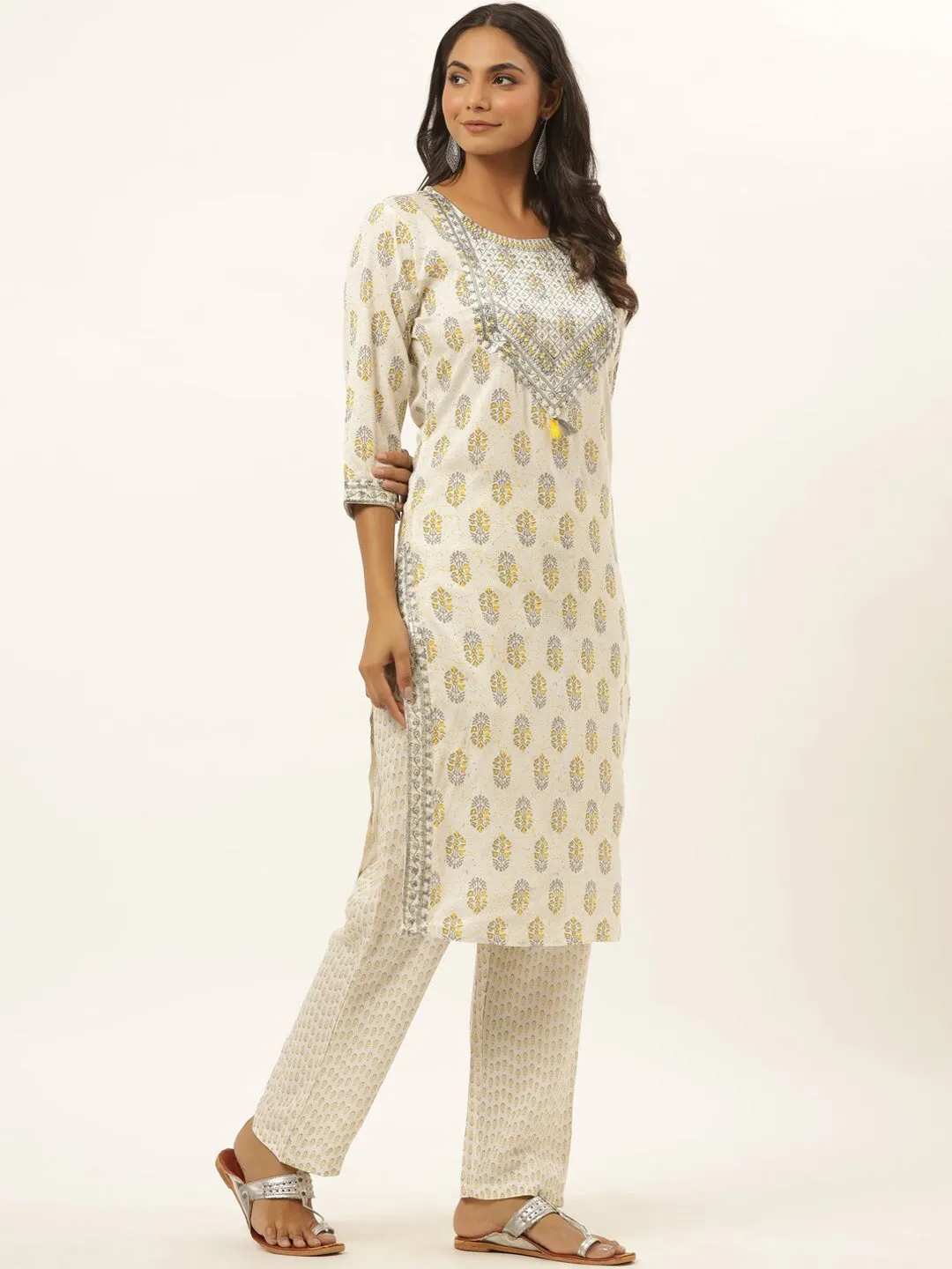 White Printed Kurta Set