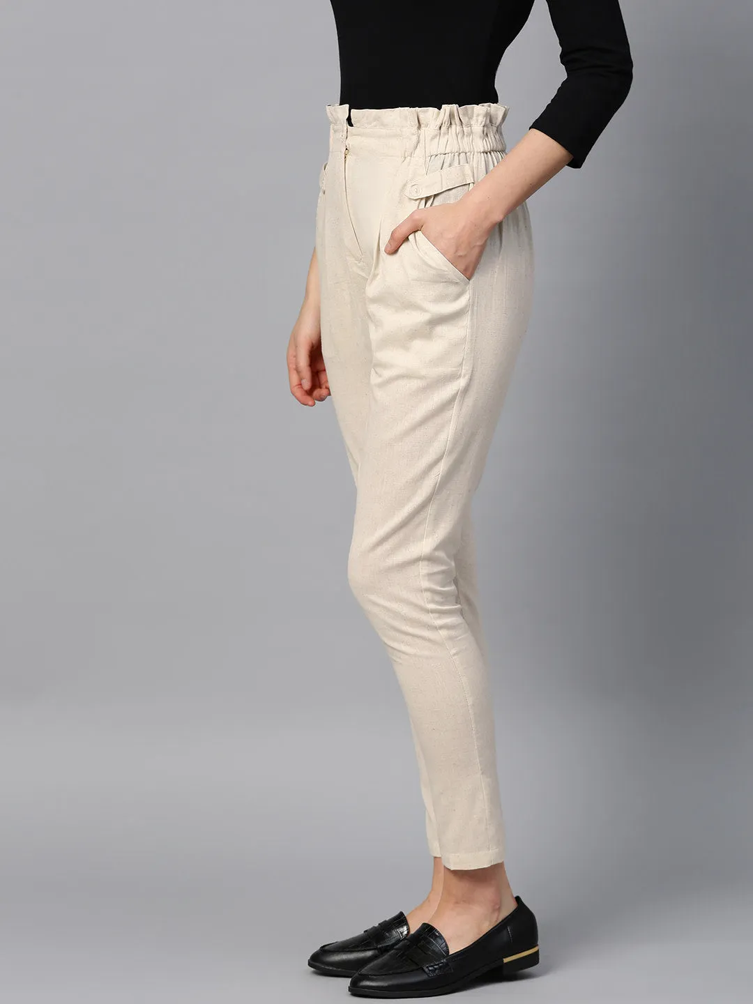 Women Beige Solid High-Rise Regular Cropped Trousers