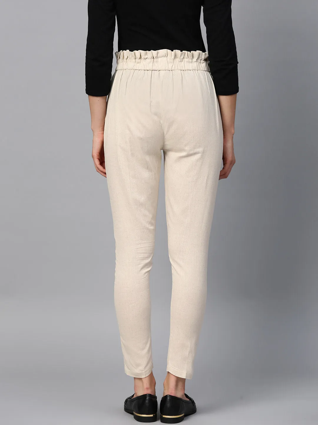 Women Beige Solid High-Rise Regular Cropped Trousers