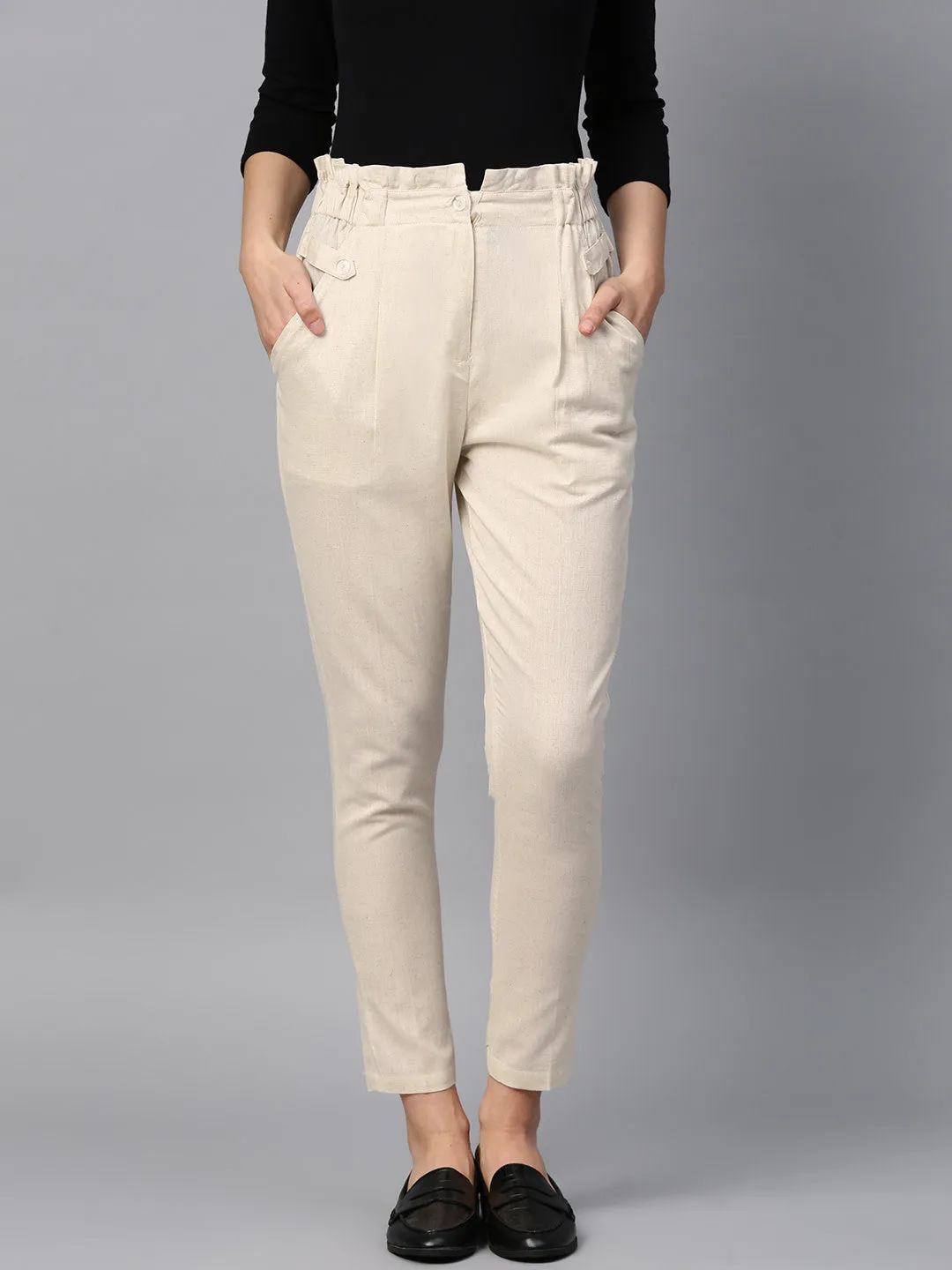 Women Beige Solid High-Rise Regular Cropped Trousers