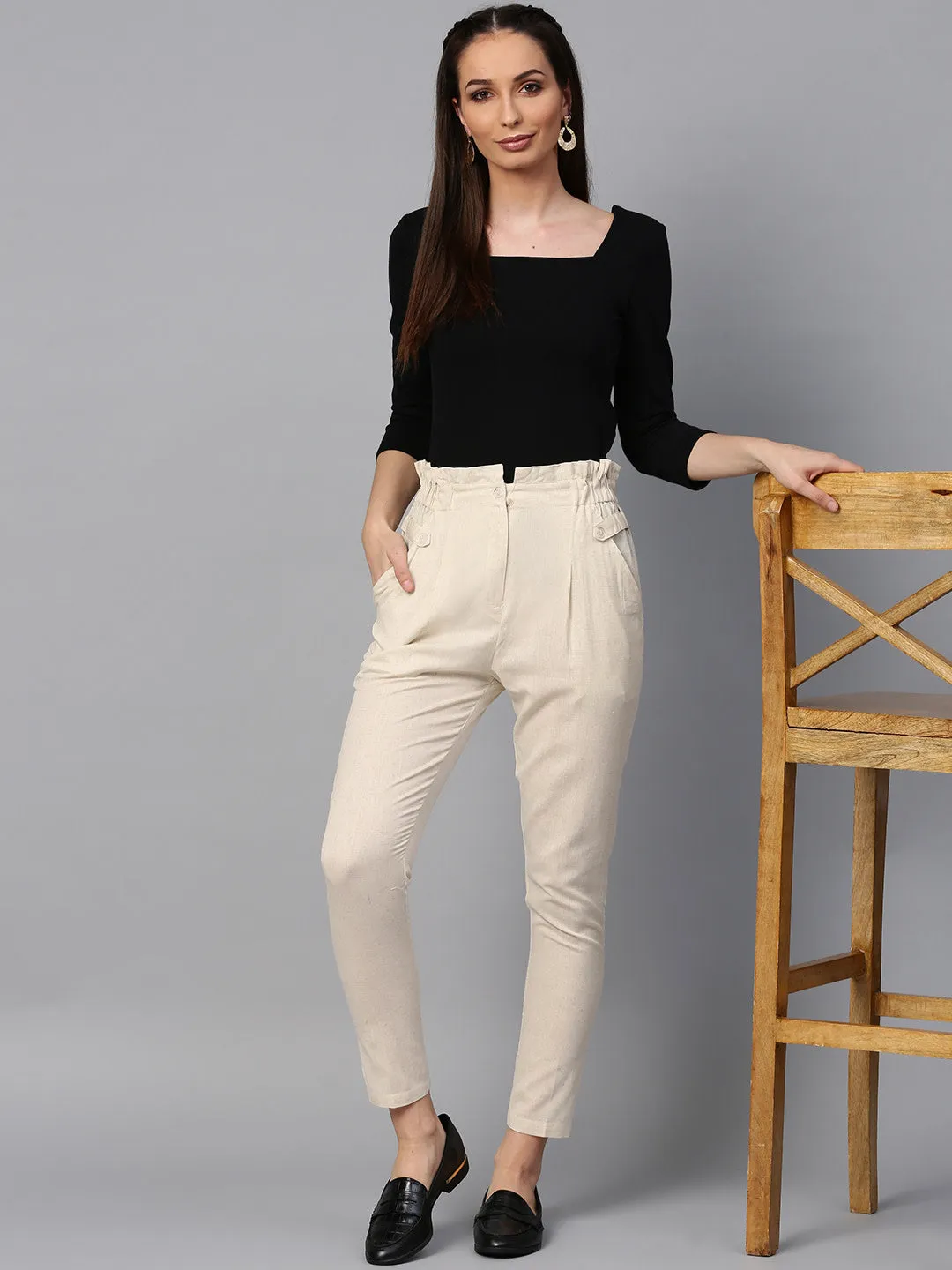 Women Beige Solid High-Rise Regular Cropped Trousers