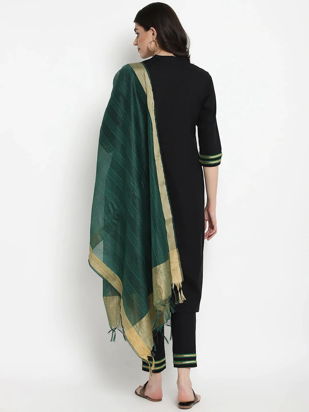 Women Black & Green Kurta With Trousers & Dupatta