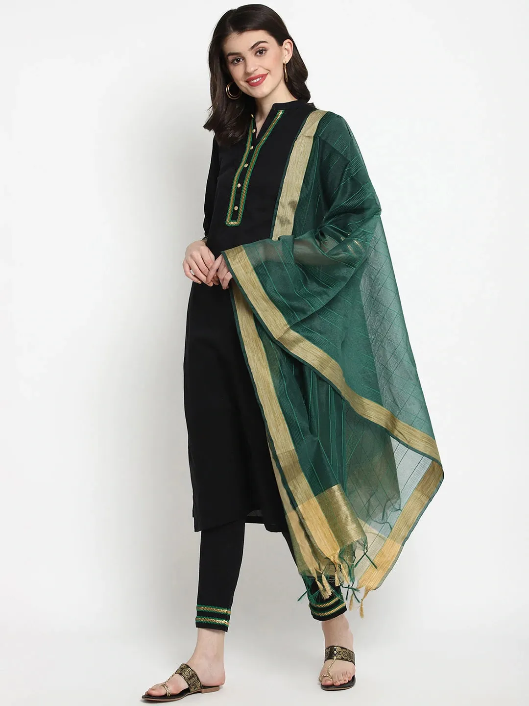 Women Black & Green Kurta With Trousers & Dupatta