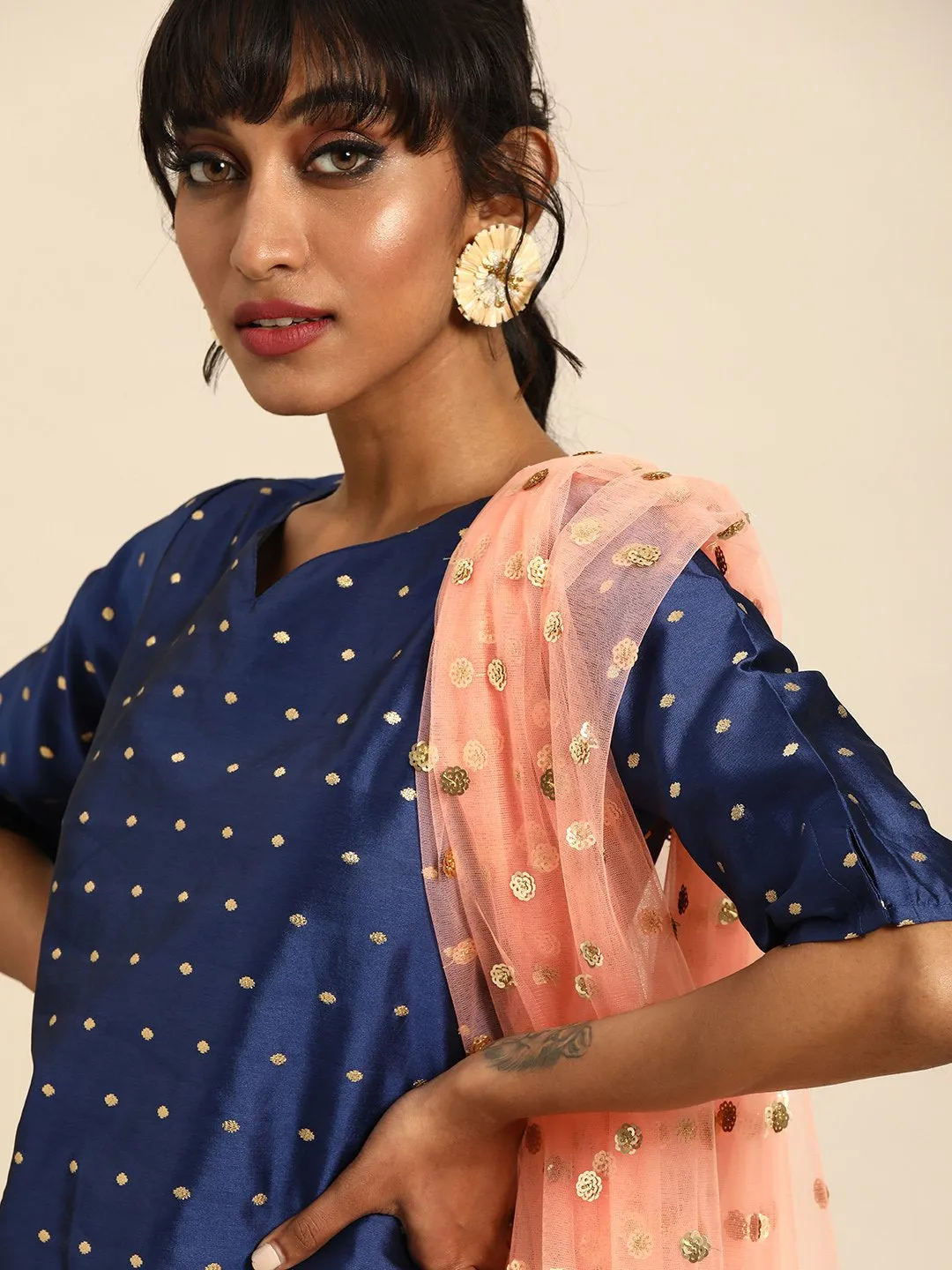 Women Blue Three-Quarter Sleeves Woven Design Straight Silk Blend Brocade Kurta With Trouser And Dupatta