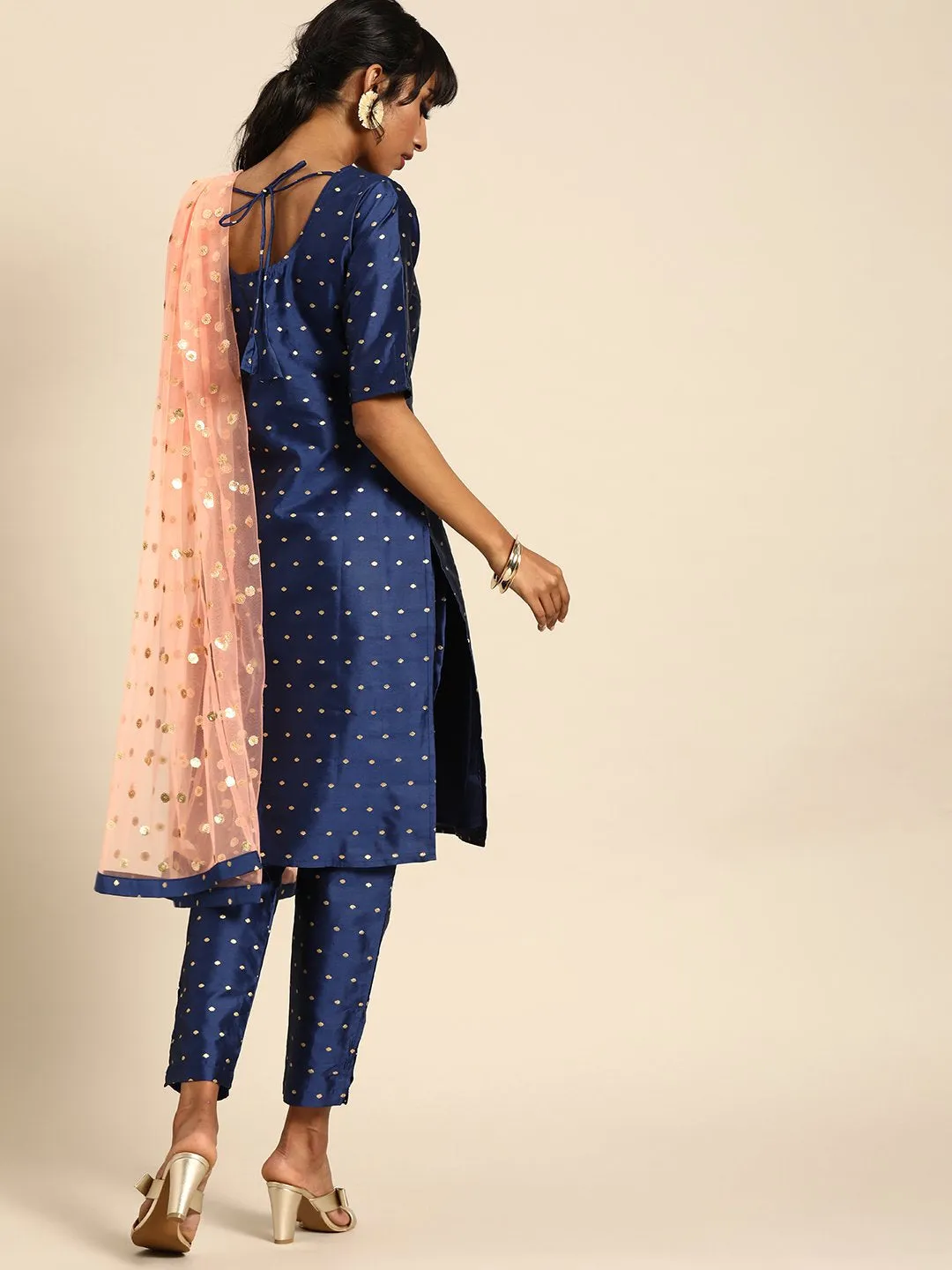 Women Blue Three-Quarter Sleeves Woven Design Straight Silk Blend Brocade Kurta With Trouser And Dupatta