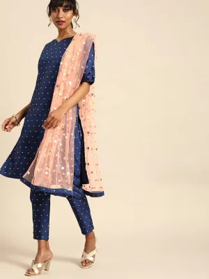 Women Blue Three-Quarter Sleeves Woven Design Straight Silk Blend Brocade Kurta With Trouser And Dupatta