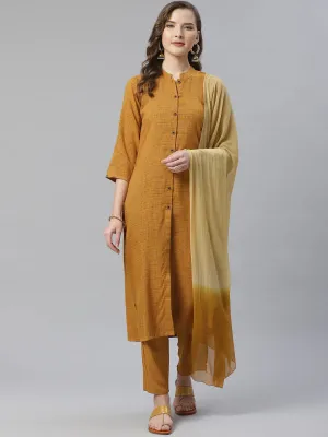 Women Mustard & Beige Self Checked Kurta With Trousers & Dupatta