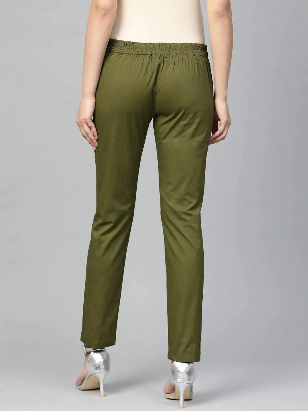 Women Olive Green Smart Slim Fit Solid Regular Trousers