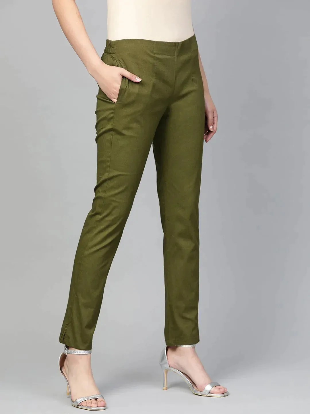 Women Olive Green Smart Slim Fit Solid Regular Trousers