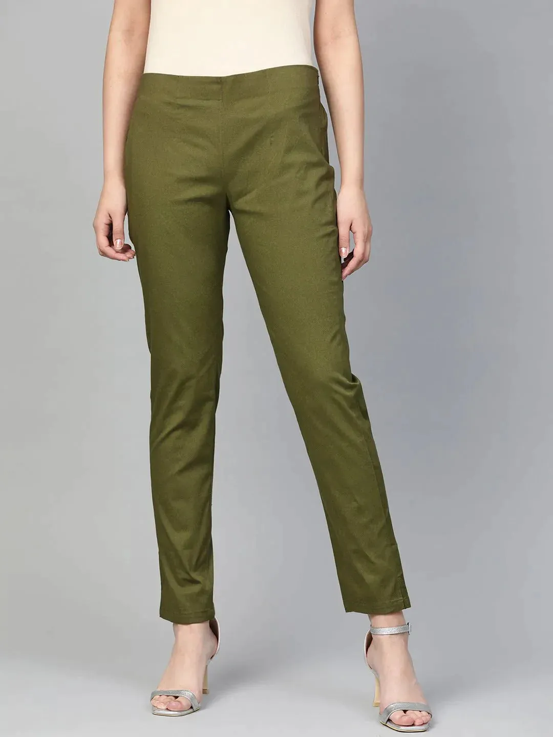 Women Olive Green Smart Slim Fit Solid Regular Trousers