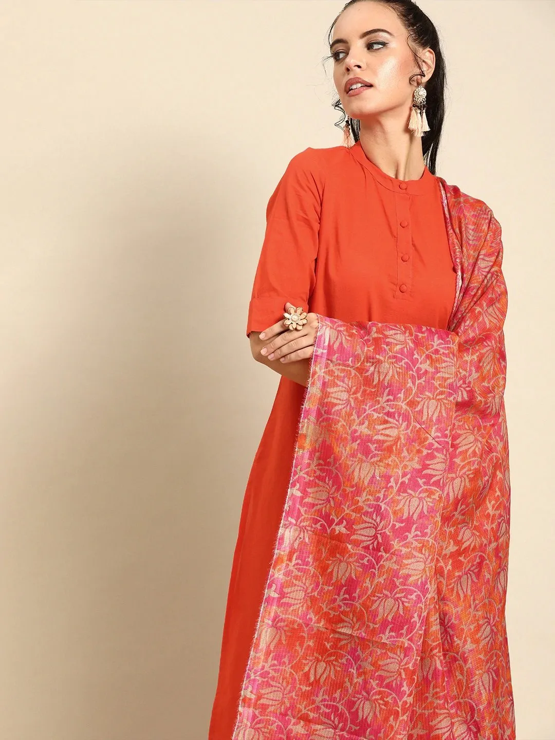 Women Orange Solid Kurta With Trousers & Dupatta