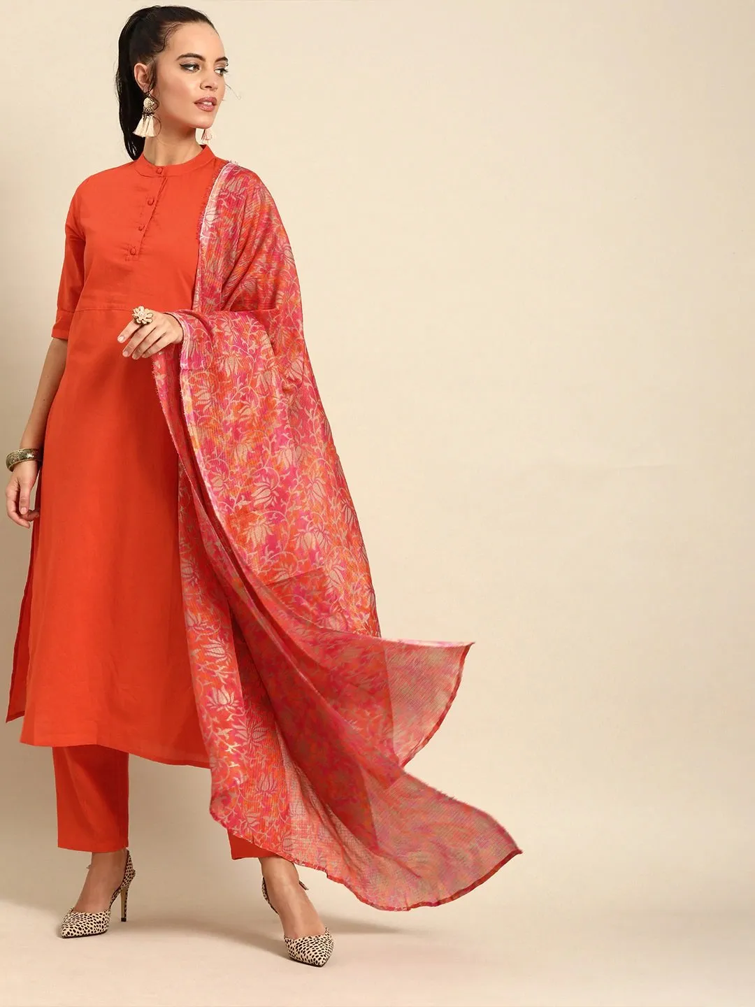 Women Orange Solid Kurta With Trousers & Dupatta