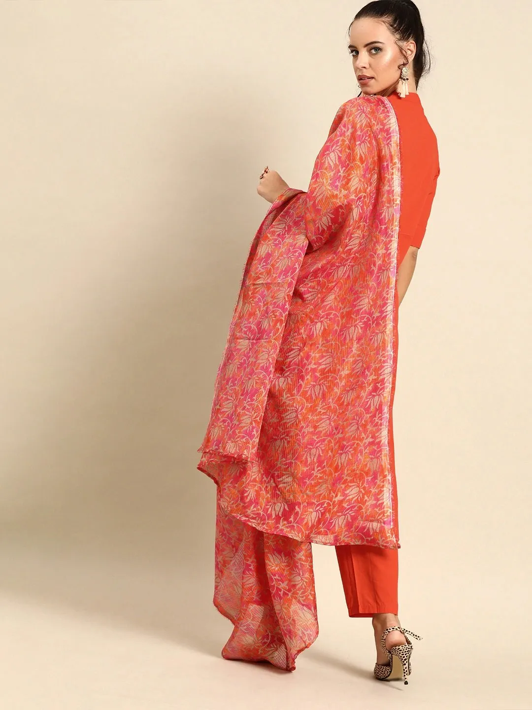 Women Orange Solid Kurta With Trousers & Dupatta