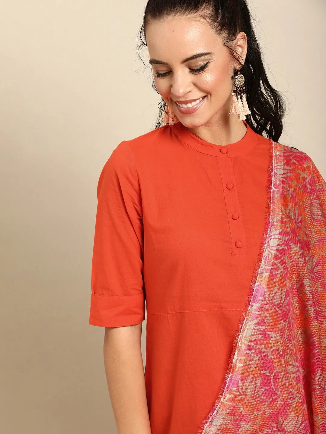 Women Orange Solid Kurta With Trousers & Dupatta