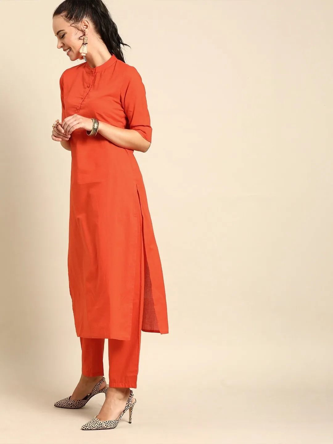 Women Orange Solid Kurta With Trousers & Dupatta