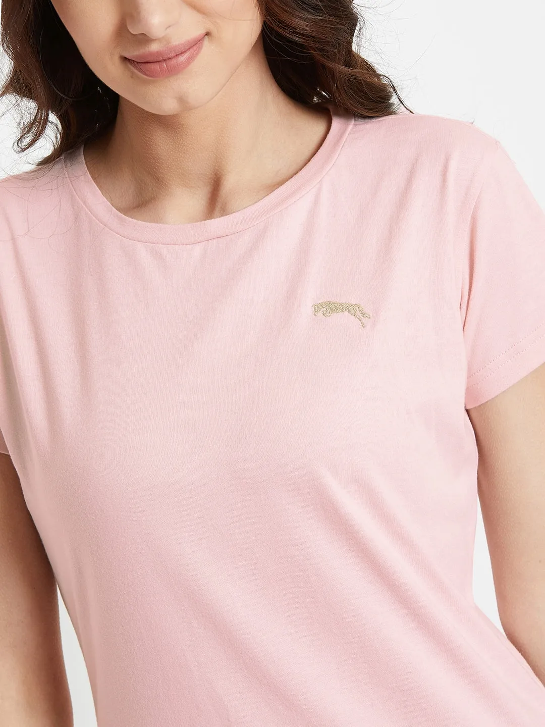 Women Pink Solid Casual Round Neck T-shirt