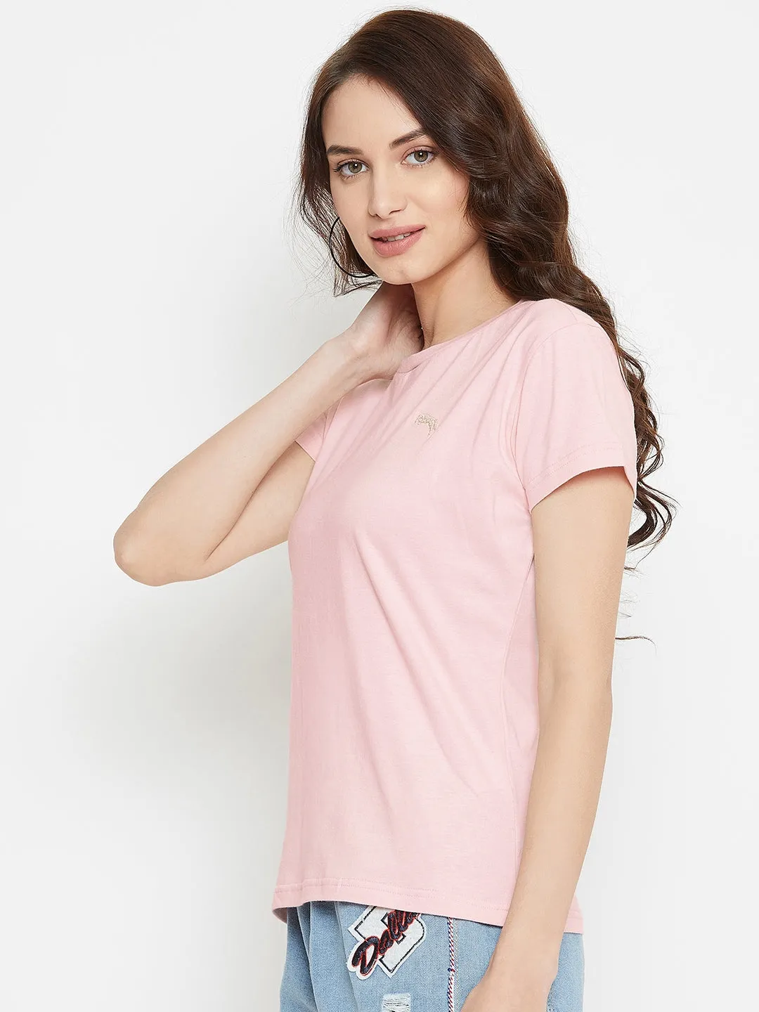 Women Pink Solid Casual Round Neck T-shirt