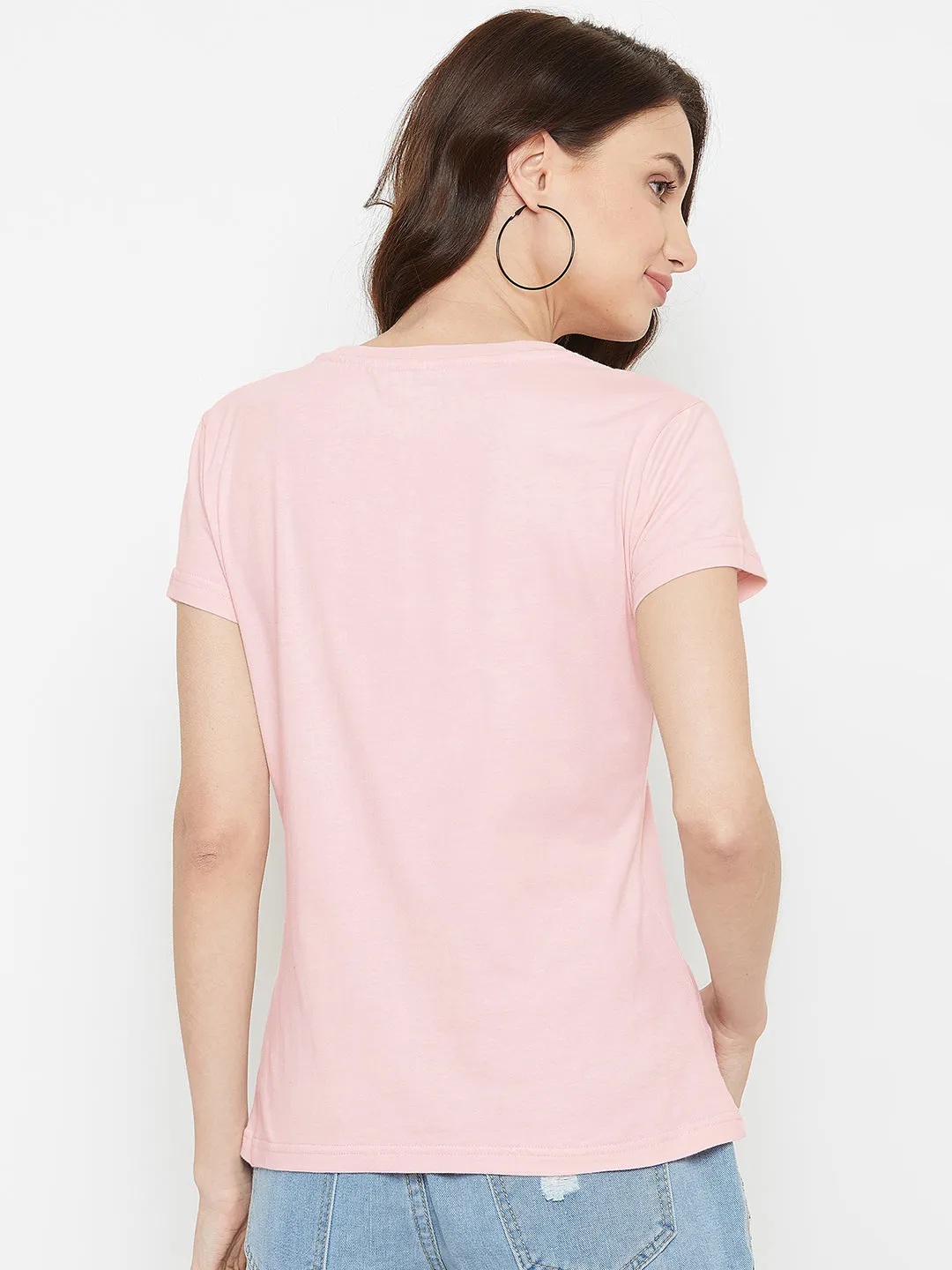 Women Pink Solid Casual Round Neck T-shirt