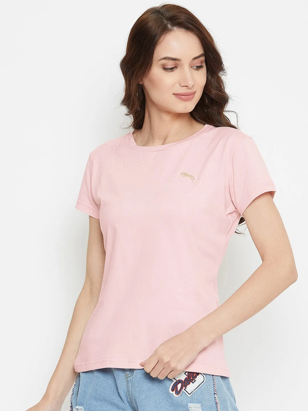 Women Pink Solid Casual Round Neck T-shirt