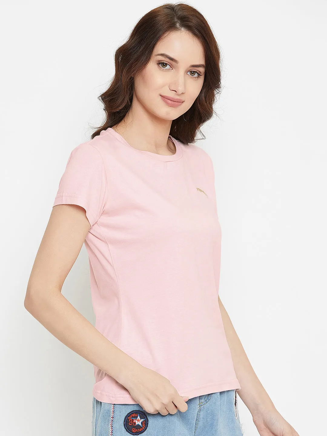 Women Pink Solid Casual Round Neck T-shirt