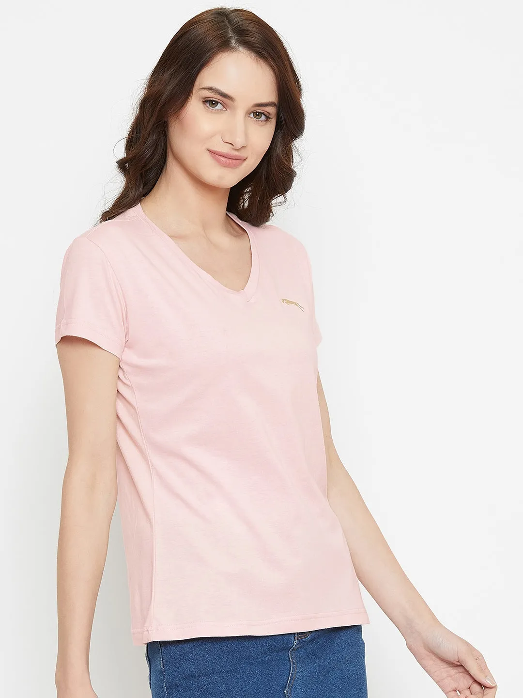 Women Pink Solid Casual V Neck T-shirt