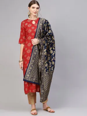 Women Red & Golden Printed Kurta With Trousers & Dupatta