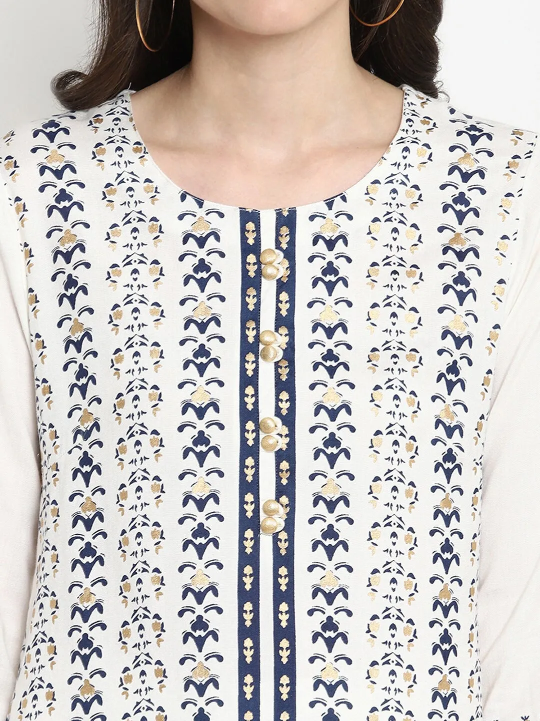 Women White & Navy Blue Printed Kurta With Trousers & Dupatta