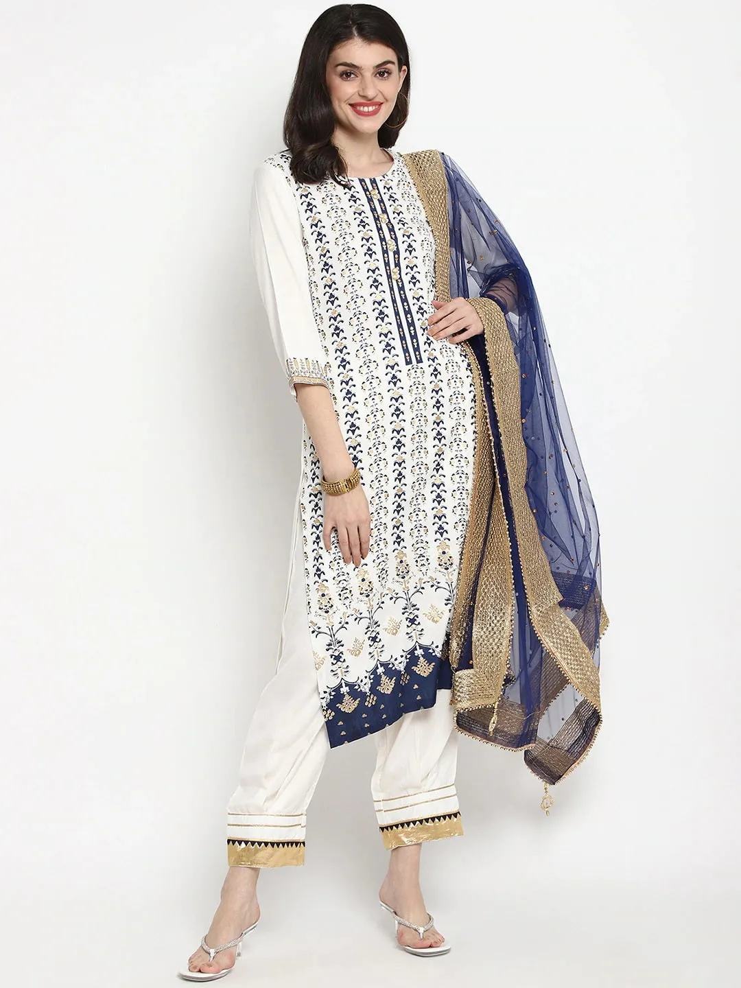 Women White & Navy Blue Printed Kurta With Trousers & Dupatta