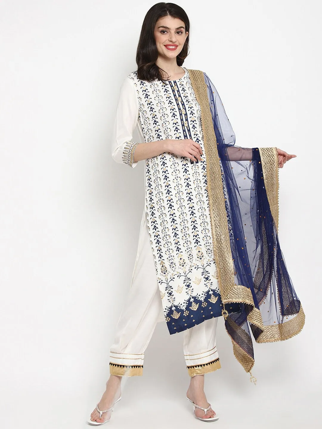 Women White & Navy Blue Printed Kurta With Trousers & Dupatta