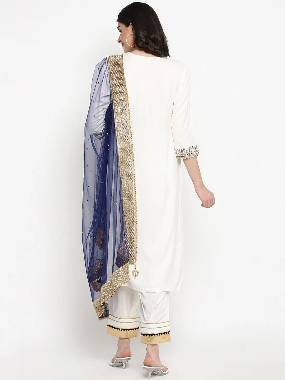 Women White & Navy Blue Printed Kurta With Trousers & Dupatta