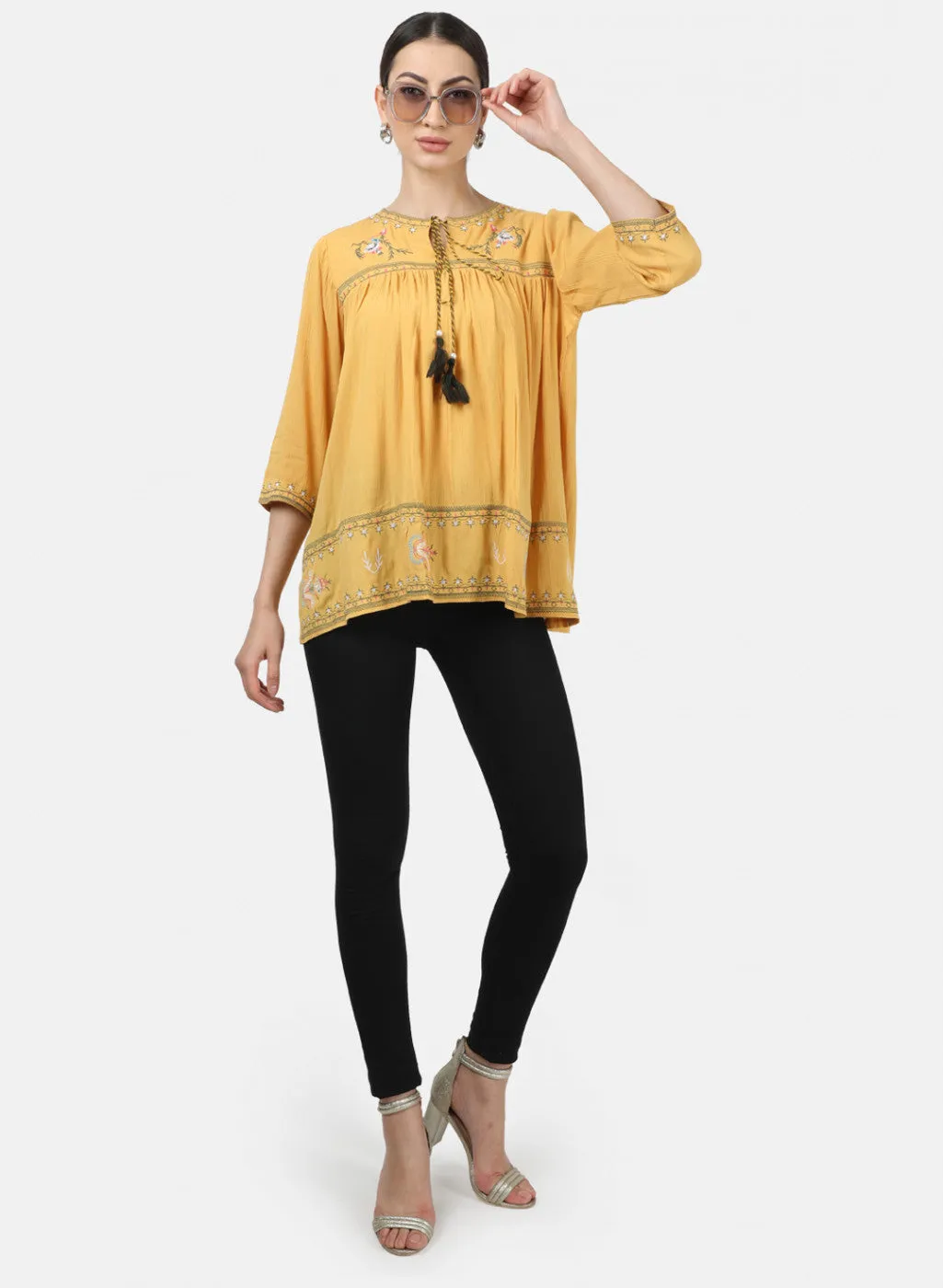 Womens Mustard Embroidered Tops