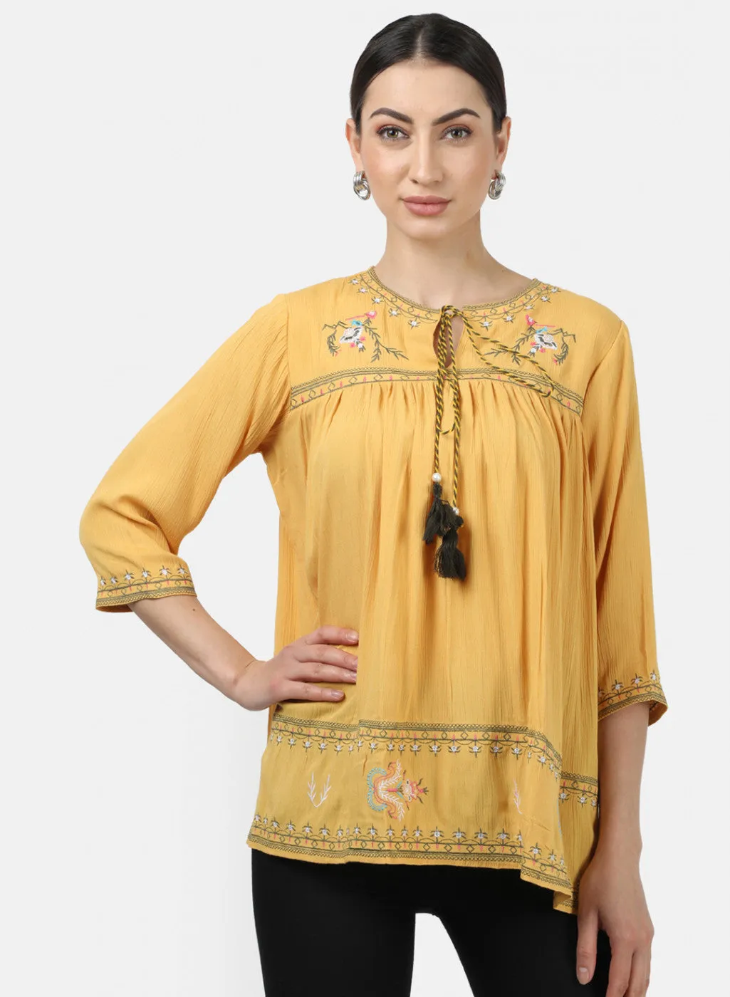 Womens Mustard Embroidered Tops