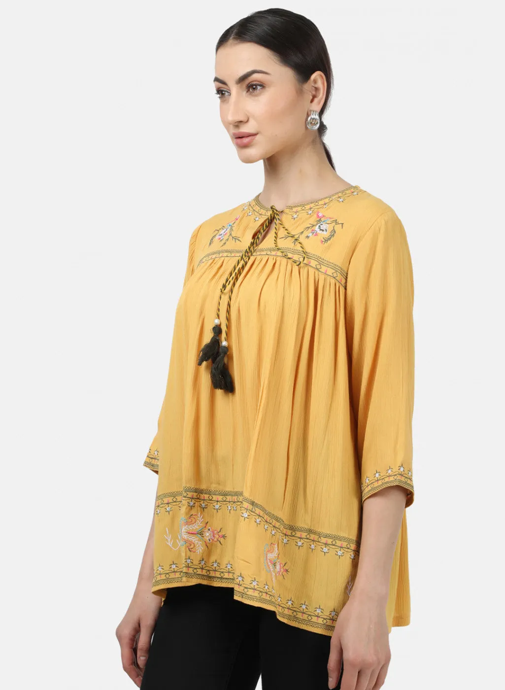 Womens Mustard Embroidered Tops