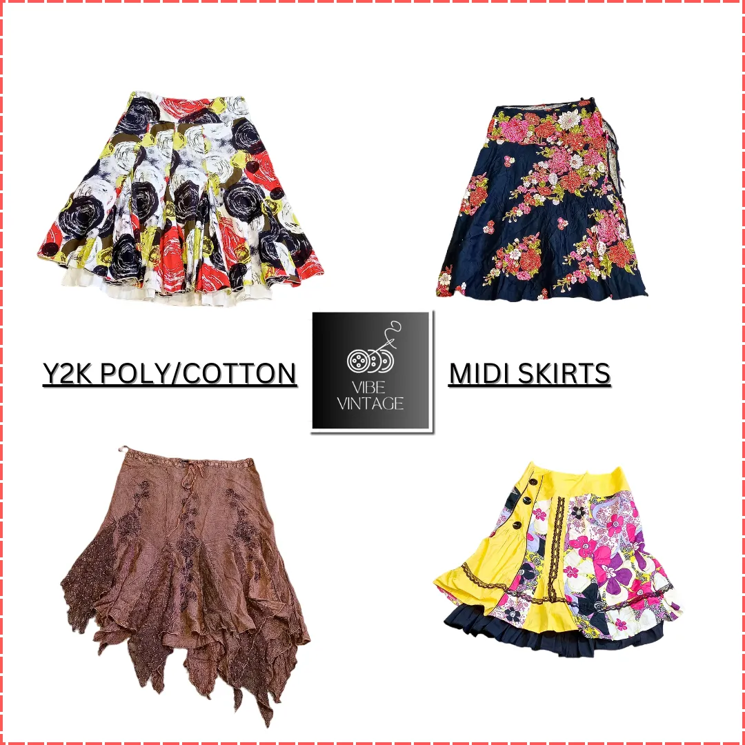 Y2K Printed Cotton & Poly Midi Skirts - 10 Pcs