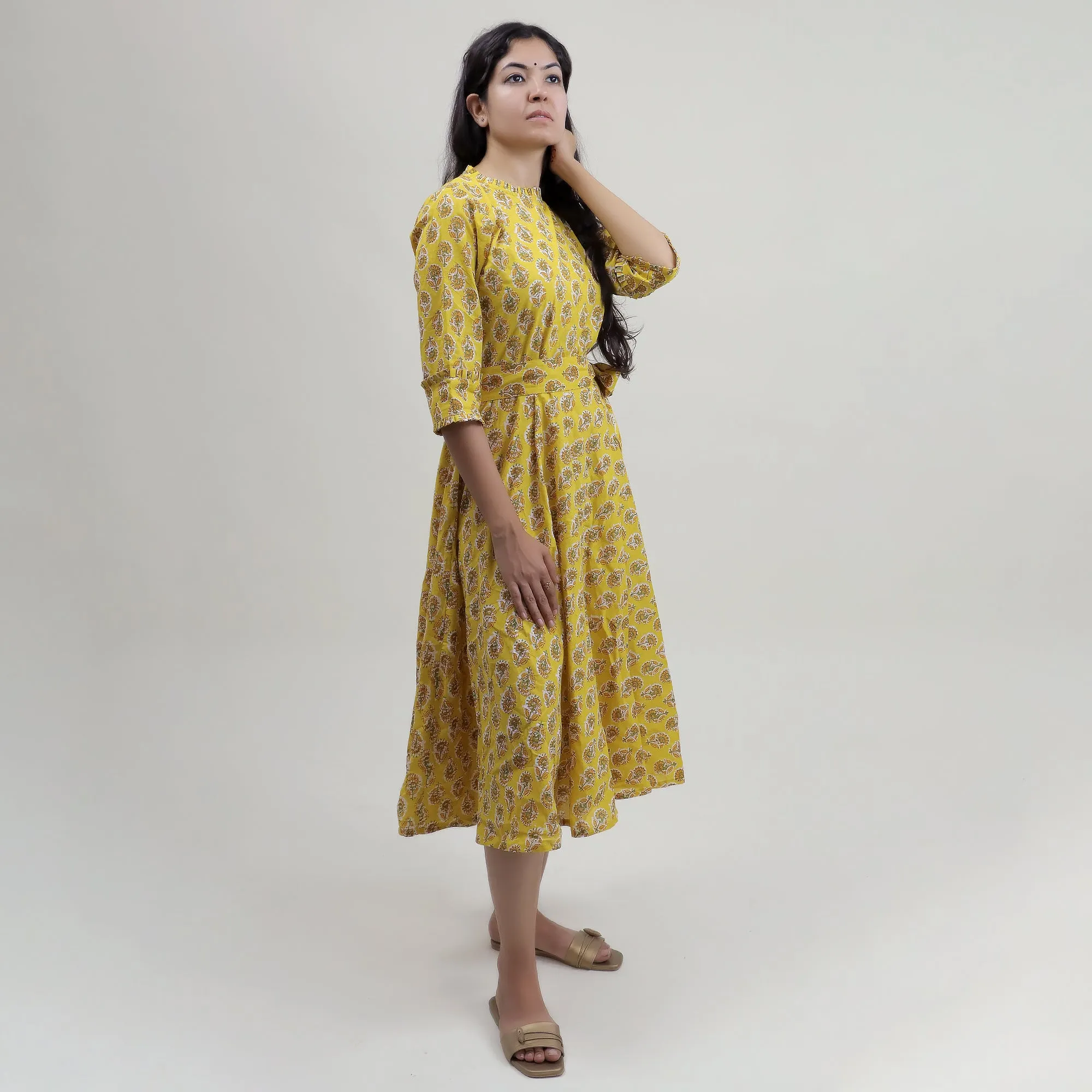 Yellow Hand Block Floral Printed Soft Cotton Midi Dress