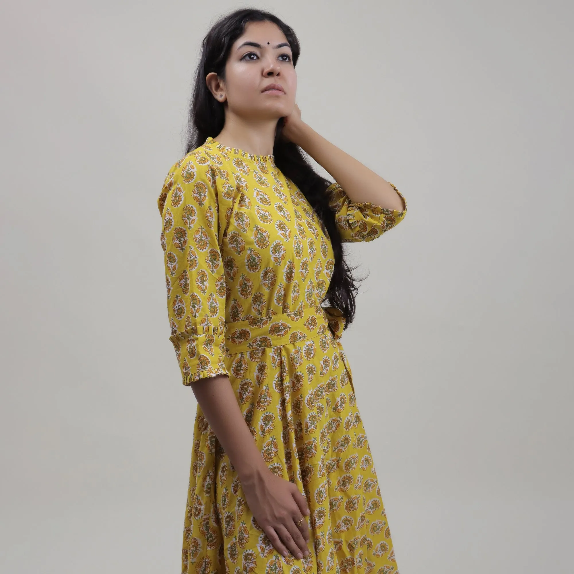 Yellow Hand Block Floral Printed Soft Cotton Midi Dress